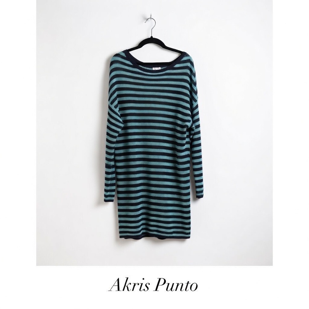 Akris Punto Teal Navy Blue Striped Open Knit Tunic Dress 14